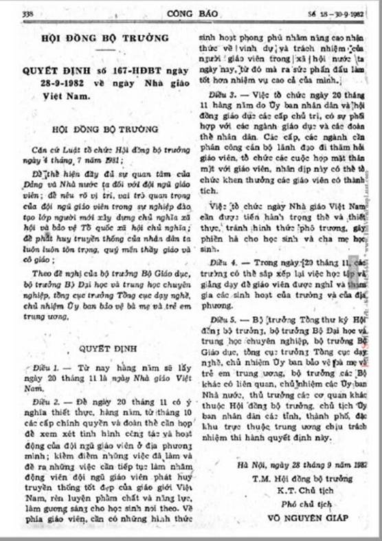 Description: Hội đồng Bộ trưởng đã ban hành Quyết định số 167/HĐBT lấy ngày 20/11 hằng năm là Ngày Nhà giáo Việt Nam. (Ảnh tư liệu)